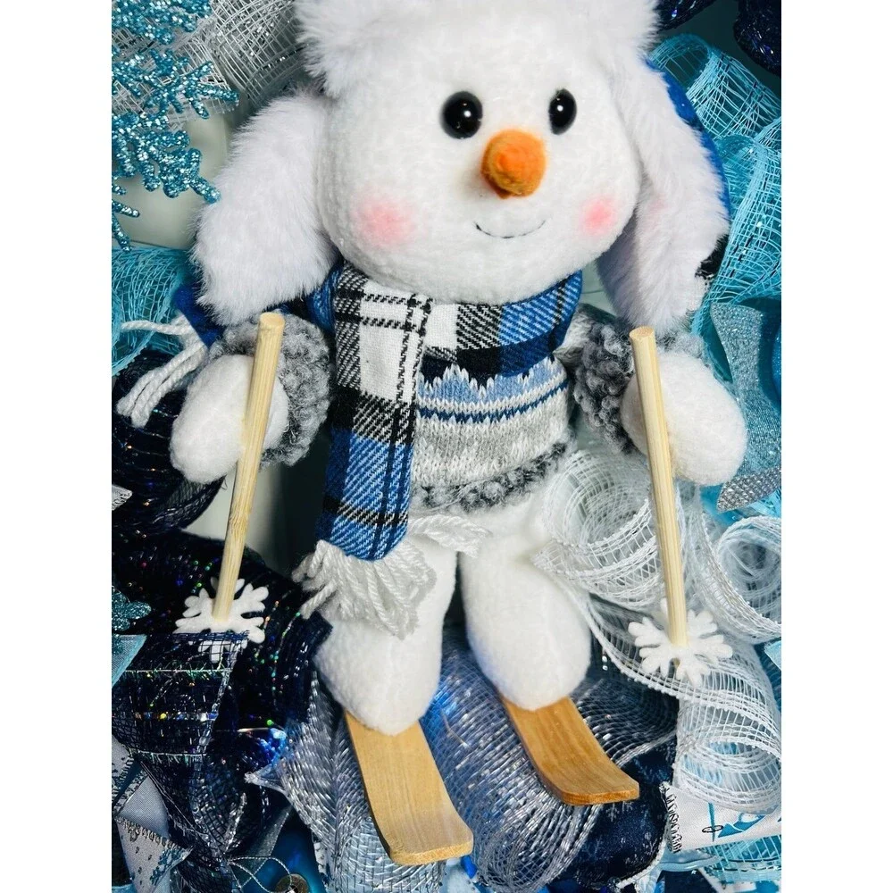 XL Handmade Christmas Holiday Skiing Snowman Ribbon Prelit Wreath 26 ins LED